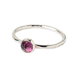 Rhodolite Garnet gemstone Sterling Silver Stacking Ring with Hammered Textured band shown on white background