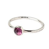 Rhodolite Garnet gemstone Sterling Silver Stacking Ring with Hammered Textured band shown on white background