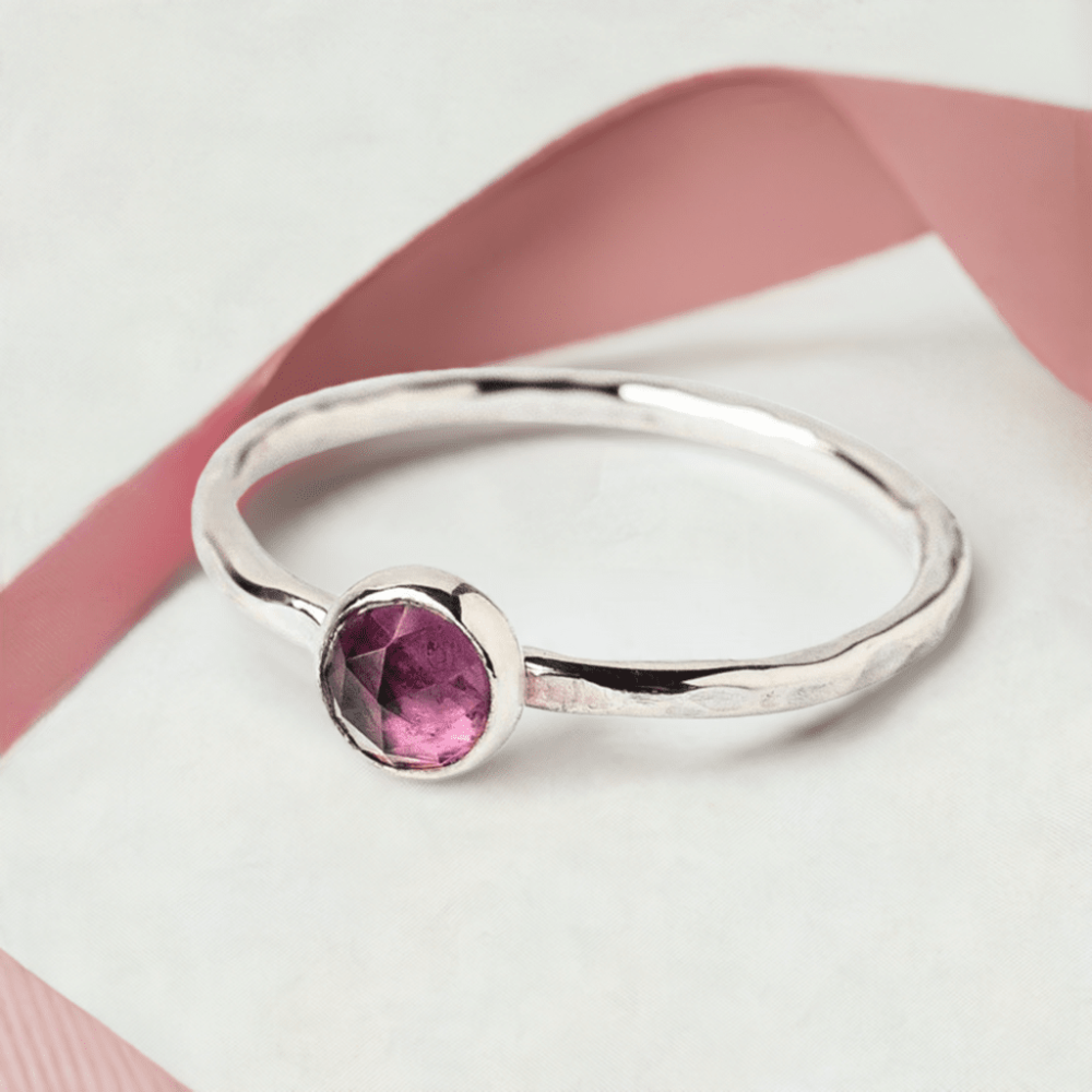 Rhodolite Garnet gemstone Sterling Silver Stacking Ring with Hammered Textured band