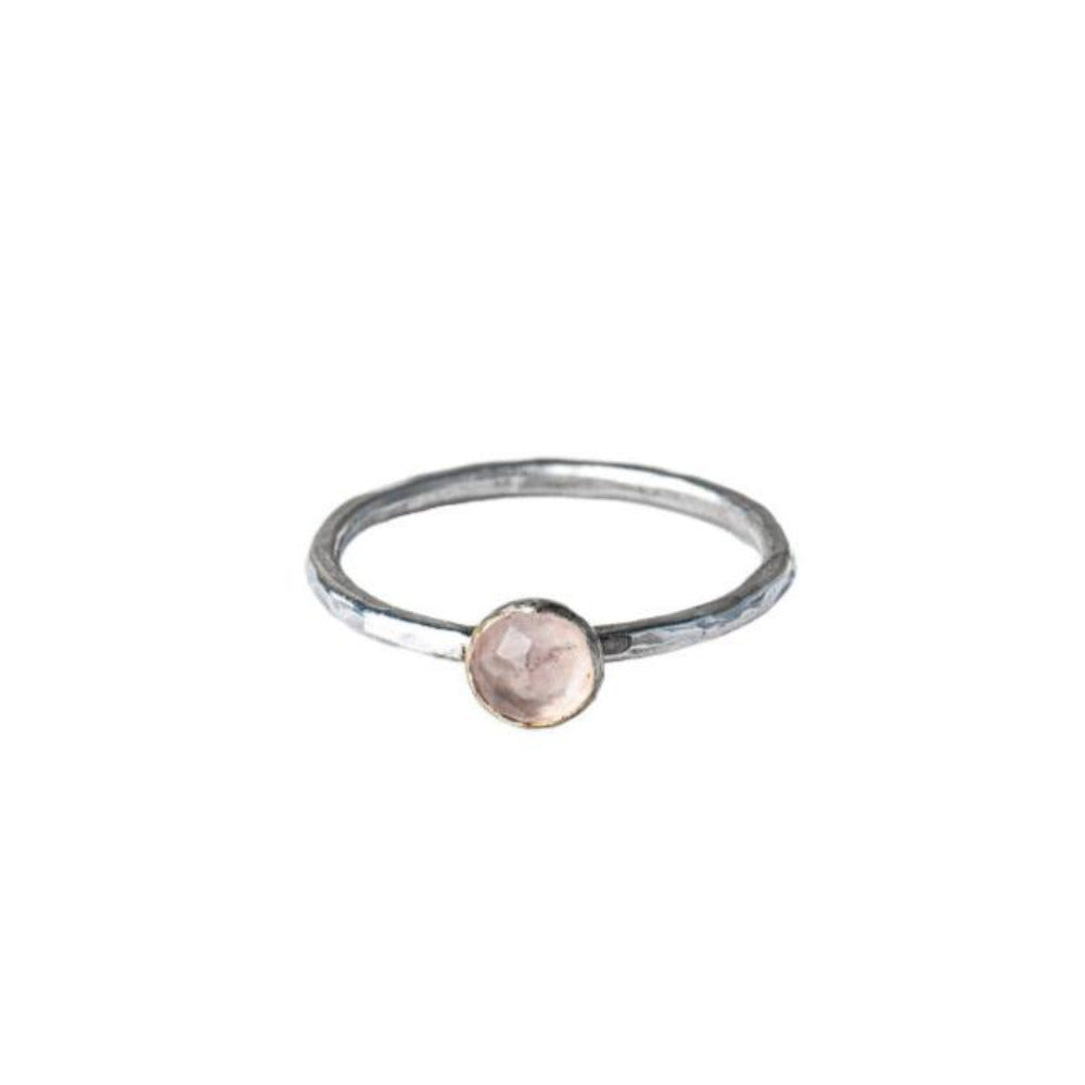 Rose Quartz gemstone Sterling Silver Stacking Ring with Hammered Textured band