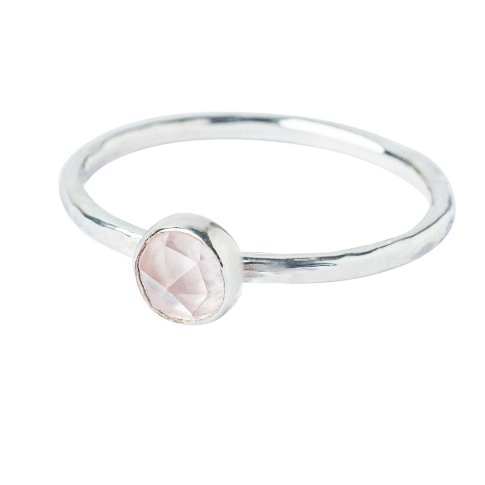 Rose Quartz gemstone Sterling Silver Stacking Ring with Hammered Textured band, show on a white background.