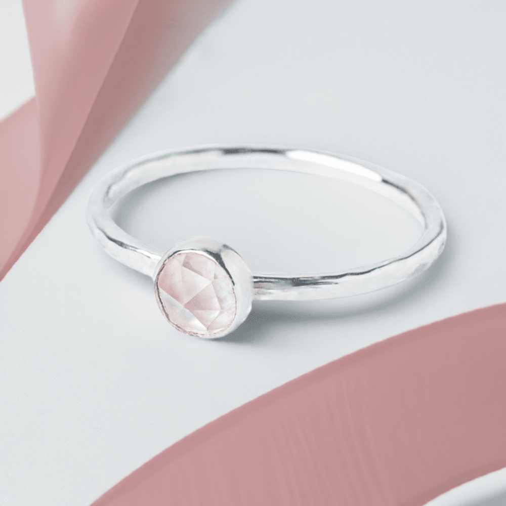 Rose Quartz gemstone Sterling Silver Stacking Ring with Hammered Textured band