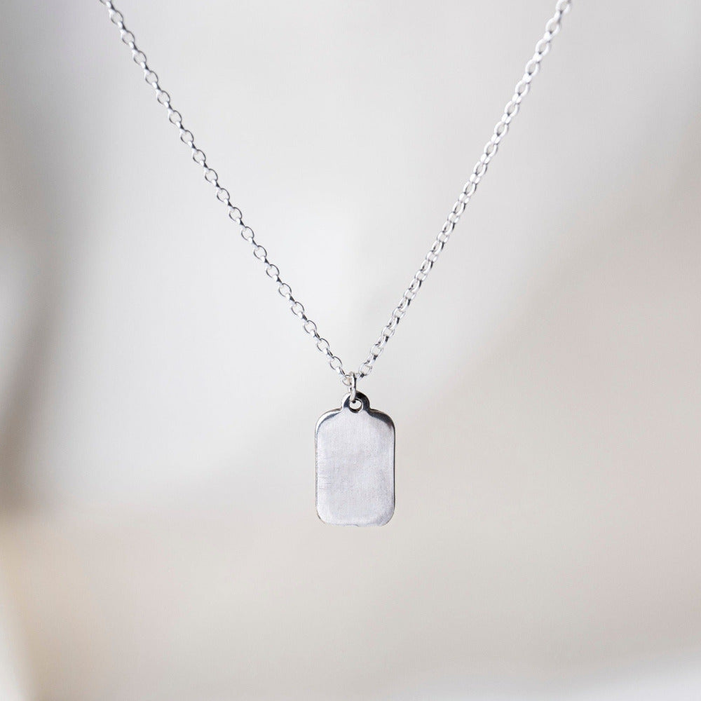 Tag Sterling Silver Necklace on Silk Background 